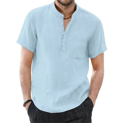 Men's Short Sleeve Cotton Linen T-shirt Casual Solid Color Men's Summer Shirt Cozy and Breathable