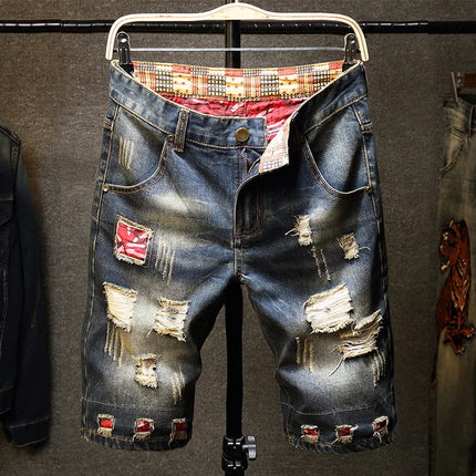 Men Ripped Short Jeans Summer Cotton Knee Length Shorts Breathable Vintage Denim Pants Painted Graffiti Streetwear Cargo Jeans PlatiNum