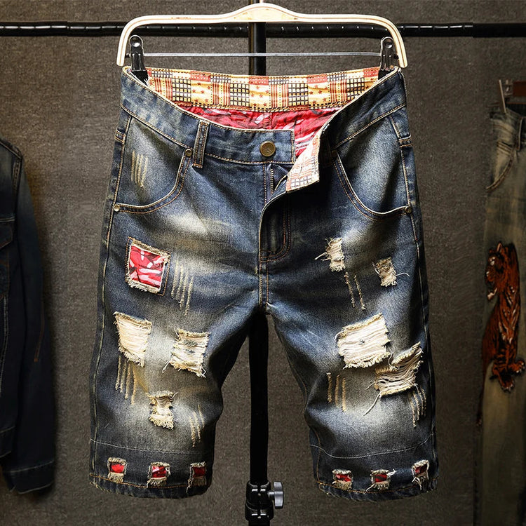 Men Ripped Short Jeans Summer Cotton Knee Length Shorts Breathable Vintage Denim Pants Painted Graffiti Streetwear Cargo Jeans PlatiNum