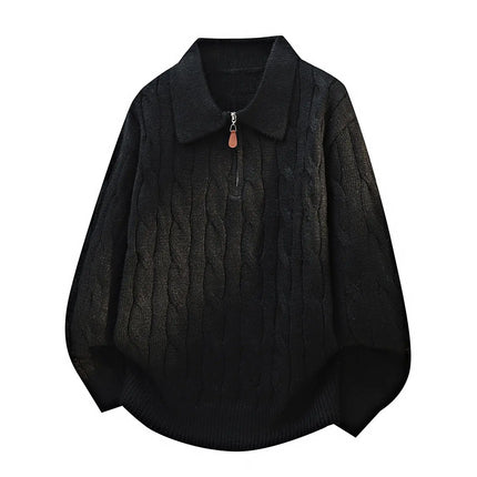 Men's  Knit Sweater Pullover Solid Color Long Sleeve Lapel zipper-Up Fall Winter Loose Warm Casual top