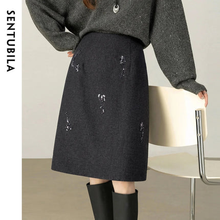 SENTUBILA Women's Straight Skirt 2025 Office Lady Wool Blend Sequin Beading Mid Length Skirt Winter Clothing for Women 154QF6318 PlatiNum
