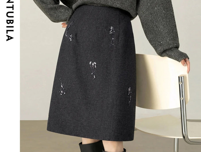 SENTUBILA Women's Straight Skirt 2025 Office Lady Wool Blend Sequin Beading Mid Length Skirt Winter Clothing for Women 154QF6318 PlatiNum