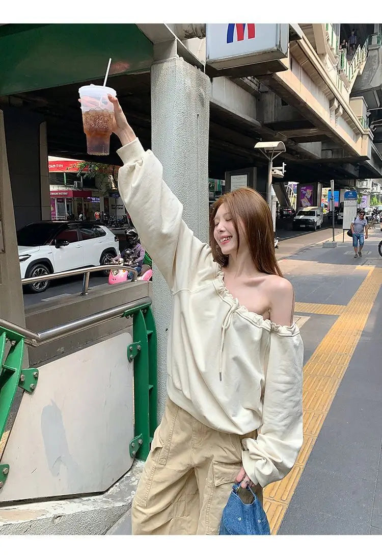 Bandage Pleated Solid Lazy Style Hoodies Sweatshirts Spring Autumn Long Sleeve Loose Fashion Tops Korean Casual Women Clothing