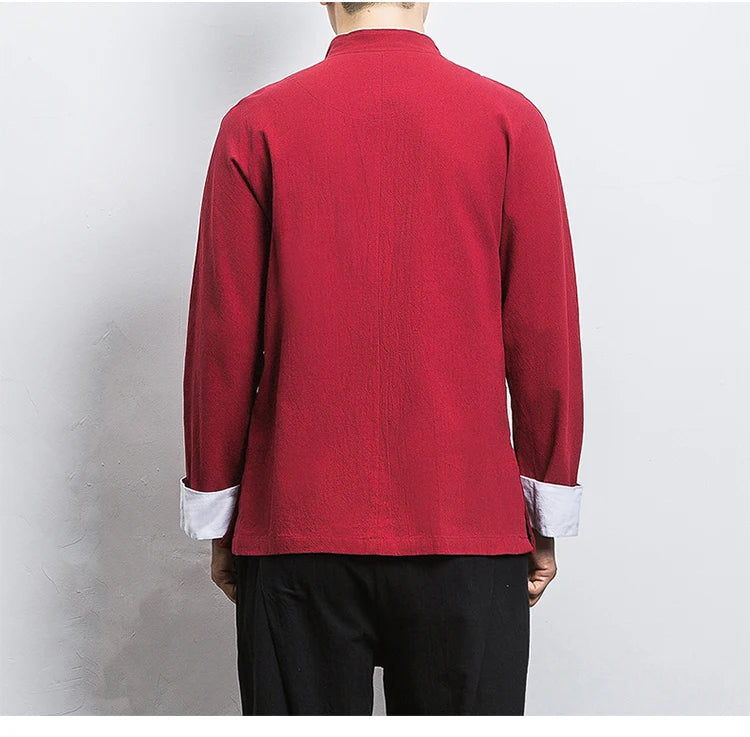 Camicie a maniche lunghe da uomo Ricamo tradizionale in cotone e lino Casual Tang Suit Cardigan da uomo Camicette Kung Fu retrò stile cinese da uomo