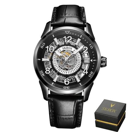 SKROX Original Gold Skeleton Automatic Movement Men's Watch Mechanical Waterproof Male Wrist Watches Leather Strap Luxury Clock