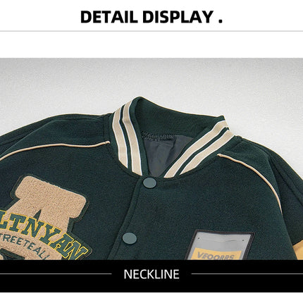 Men's Casual Varsity Jacket Motorcycle Bomber Coat Vintage Letterman Baseball Streetwear Outerwear with Faux Leather Sleeves