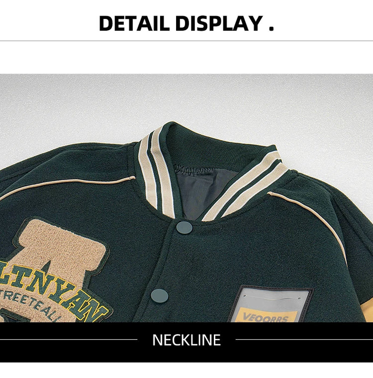 Men's Casual Varsity Jacket Motorcycle Bomber Coat Vintage Letterman Baseball Streetwear Outerwear with Faux Leather Sleeves