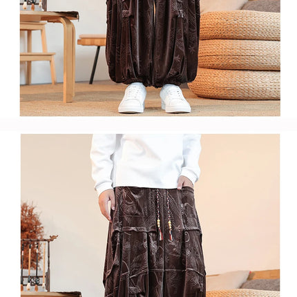 Pantaloni di velluto da uomo autunno inverno retrò drago stampa pantaloni larghi da uomo stile cinese pantaloni casual a gamba larga per uomo taglie forti 5XL