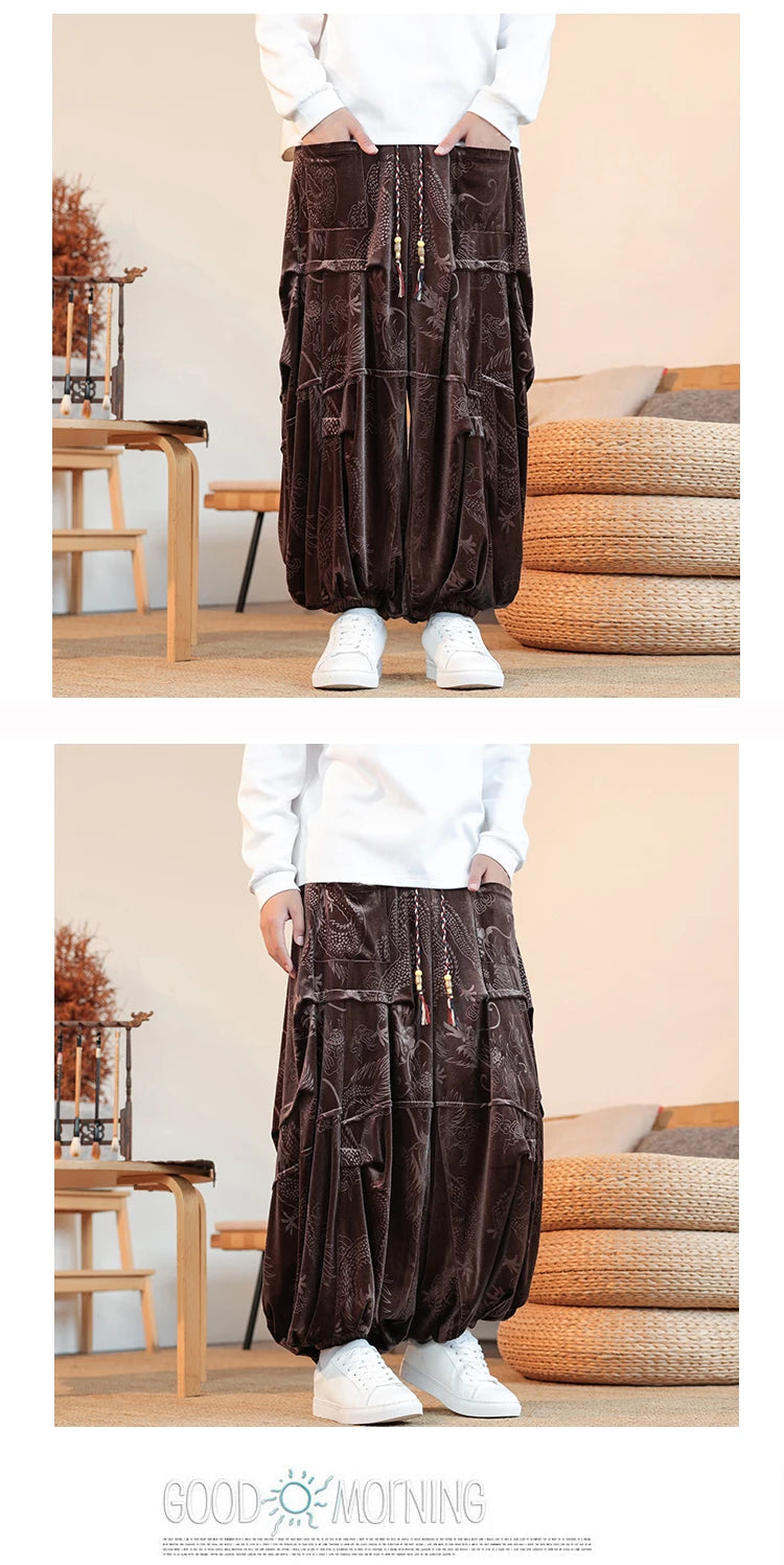 Pantaloni di velluto da uomo autunno inverno retrò drago stampa pantaloni larghi da uomo stile cinese pantaloni casual a gamba larga per uomo taglie forti 5XL