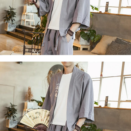 Set da due pezzi (camicia + pantaloni) camicia da uomo in cotone di lino con ricamo stile giapponese pantaloni larghi casual da uomo pantaloni Tai Chi Kungfu retrò