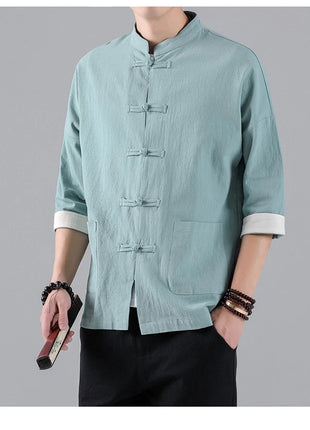 Camicie in Stile Cinese per Uomo, Top Tradizionale Tang in Lino a Mezza Manica, Camicia Kung Fu Hanfu Vintage Casual, Taglie Grandi fino a 5XL