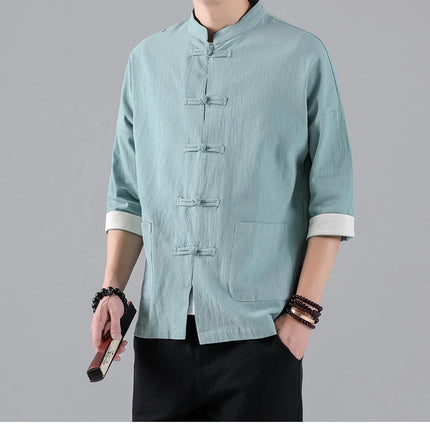 Camicie in Stile Cinese per Uomo, Top Tradizionale Tang in Lino a Mezza Manica, Camicia Kung Fu Hanfu Vintage Casual, Taglie Grandi fino a 5XL