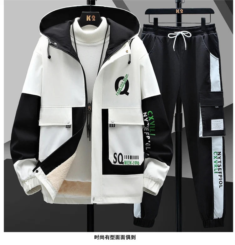 Winter Outfits Men Thick Warm Tracksuit Set Men Fashion Clothing SportswearJacket Pants 2 Piece Fleece Lined Sets