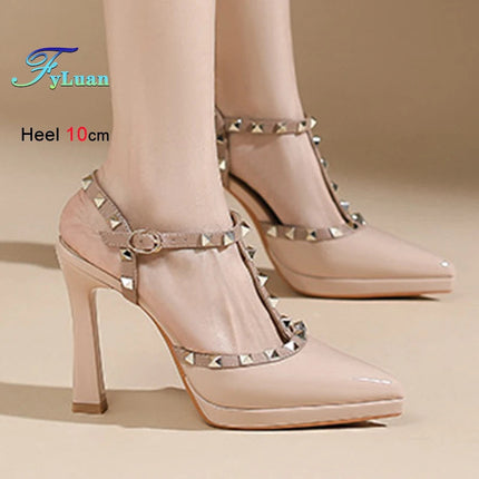 Scarpe con tacco sexy con rivetti Sandali con tacco alto da 10 cm Sandali con tacco alto da sera Sandali con tacco a spillo color nudo semplici con punta a punta platinumshop