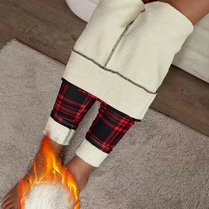 Women Lamb Wool Plaid Leggings Autumn Winter Out Wear Vintage Street Warm Leggings Woman High Waist Thicken Plush Lined Leggings PlatiNum