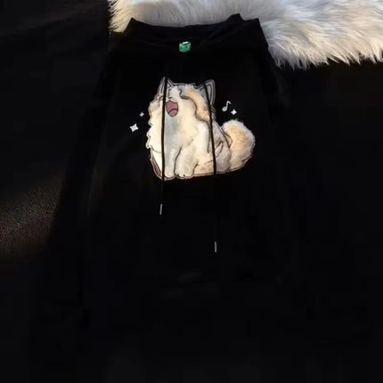 Japanese Kawaii Flock Embroidery Cartoon Cat Patchwork Hoodies Thicken Kangaroo Pocket Baggy Street Sweatshirt All-Matching Top