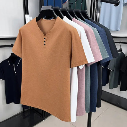 New Men's Casual and Fashionable Three Button V-neck Solid Color Short Sleeved T-shirt Summer Versatile Top PlatiNum