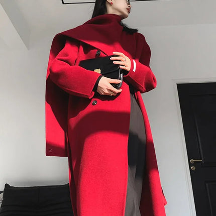Luxury Hand-sewn Double-sided Cashmere Wool Coat Women New Mid-length Scarf Collar Loose Lace-up Warm Wool Coat Fashion Winter
