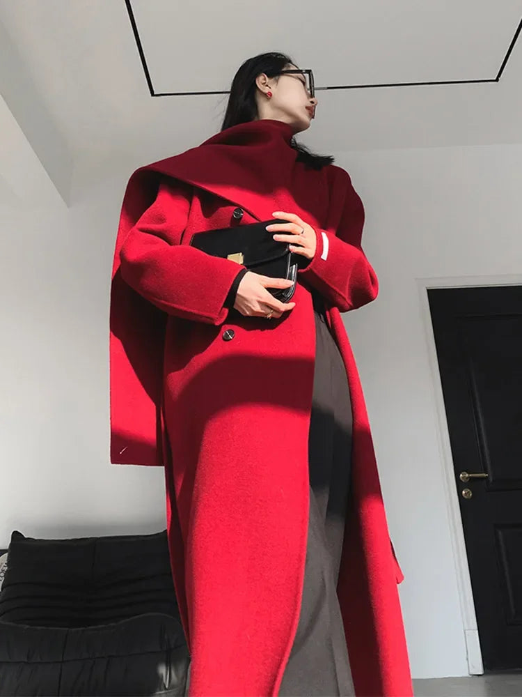 Luxury Hand-sewn Double-sided Cashmere Wool Coat Women New Mid-length Scarf Collar Loose Lace-up Warm Wool Coat Fashion Winter