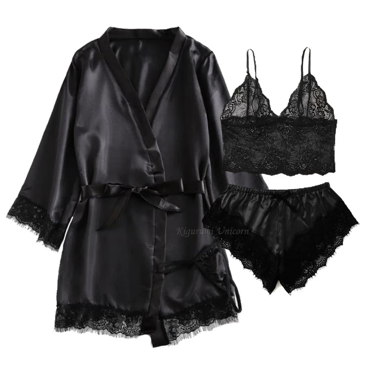 Pigiama da donna sexy nero in raso 4 pezzi di pizzo di seta reggicalze pantaloncini abito pigiama set camicia da notte biancheria intima camicia da notte vestito