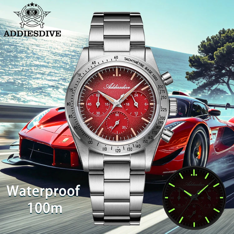 ADDIESDIVE Chronograph Watch For Men 10Bar Waterproof 316L Stainless Steel 0S20 C3 Vintage Luminous Luxury  Quartz Watch AD2552
