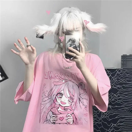 Printemps été Nouvelle version coréenne Harajuku Rose Mignon Anime Cartoon Fille T-shirt à manches courtes ample étudiant haut