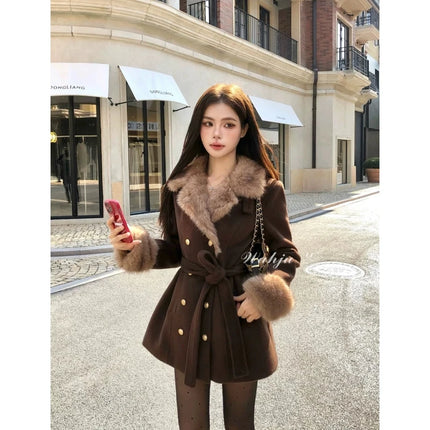 Winter Korean Fashion Wool Coat for Women Slim Fit Double Breasted Belted Fur Collar Jacket Elegant Chic Warm Long Outerwear