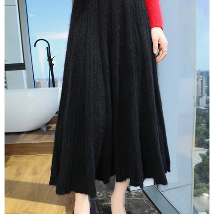 100% Pure Mink Pleated Skirts Women's Elastic High Waist Knitted Dress Fashion Joker Loose Big Swing Skirt Thick Umbrella Skirt PlatiNum