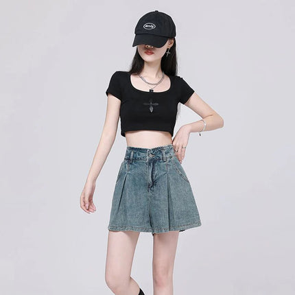 Korean Casual High Waisted Pleated Denim Shorts For Women Spring Summer Baggy Jeans Shorts Y2k  A-Line Wide Leg Jeans PlatiNum