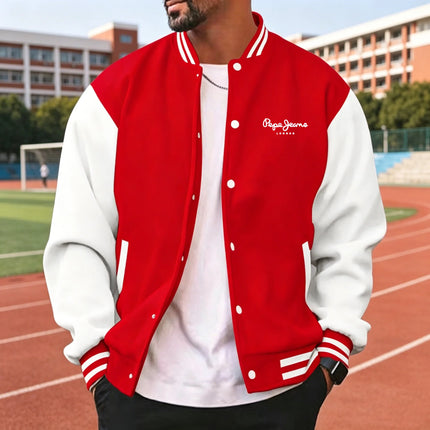 Men's color blocked sports baseball jacket, trendy letter printed loose fit baseball jacket, casual street sports jacket, spring