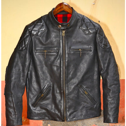 Genuine Leather Jacket Men Black Biker Coat Warm Windproof Snap Collar Zip Pockets Vintage Motorcycle Jacket Autumn Winter