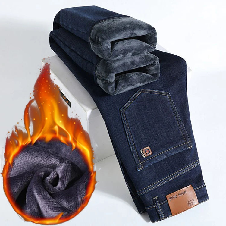 2026 Winter Thermal Stretch Jeans Men New Loose Straight Leg Casual Trousers Male Daily Commute Windproof Denim Pants