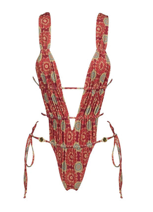 2025 Nuove stampe retrò scava fuori costume intero donna sexy costumi da bagno con lacci tropicale estate beachwear costume da bagno tuta platinumshop