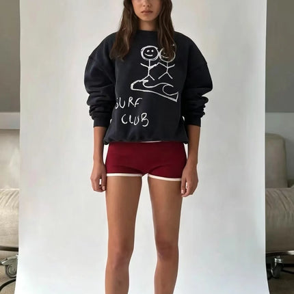 Navy Blue Cartoon Stick Figure Print Crew Neck Sweatshirt Women Loose Long Sleeve Vintage Streetwear Casual Pullover Tops Women