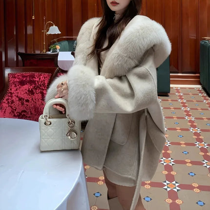 UCXQ Women Wool Coat Short Double Face Outerwear Hooded Luxury Fur Collar Cuff Loose Design Autumn 2026 New 23Z8631