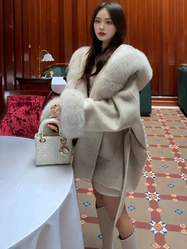 UCXQ Women Wool Coat Short Double Face Outerwear Hooded Luxury Fur Collar Cuff Loose Design Autumn 2026 New 23Z8631