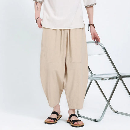 Pantaloni Harem in Cotone e Lino da Uomo, Casual, Traspiranti, Comodi, Estivi, Lunghezza al Polpaccio, Taglie Forti fino a 5XL