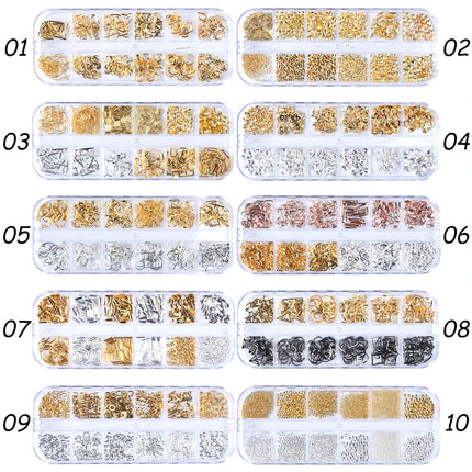 12 Grids Gold Nail Art Alloy Studs Seaside 3D Decorations Sea Shell Star Nail Charm Metal Frame Rivets Nail Sequin Accessories