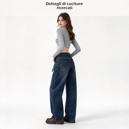 Women’s High-Waisted, Wide-Leg, Curved-Fit Jeans with Matching Scarf Belt Included, Vintage-Wash Blue Denim with Diagonal Stitching, Casual Retro-Style Trousers for Everyday Wear  FX-5380-1