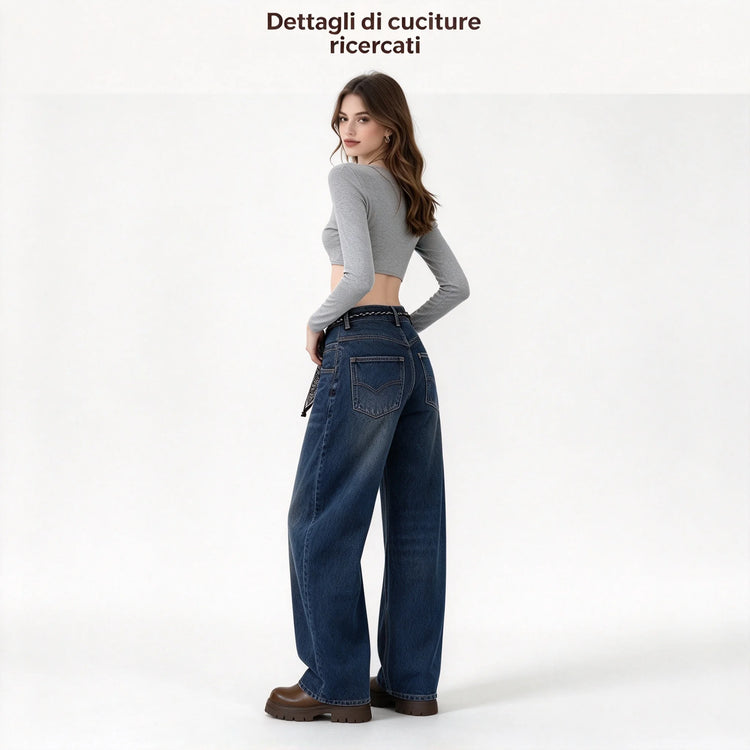 Women’s High-Waisted, Wide-Leg, Curved-Fit Jeans with Matching Scarf Belt Included, Vintage-Wash Blue Denim with Diagonal Stitching, Casual Retro-Style Trousers for Everyday Wear  FX-5380-1