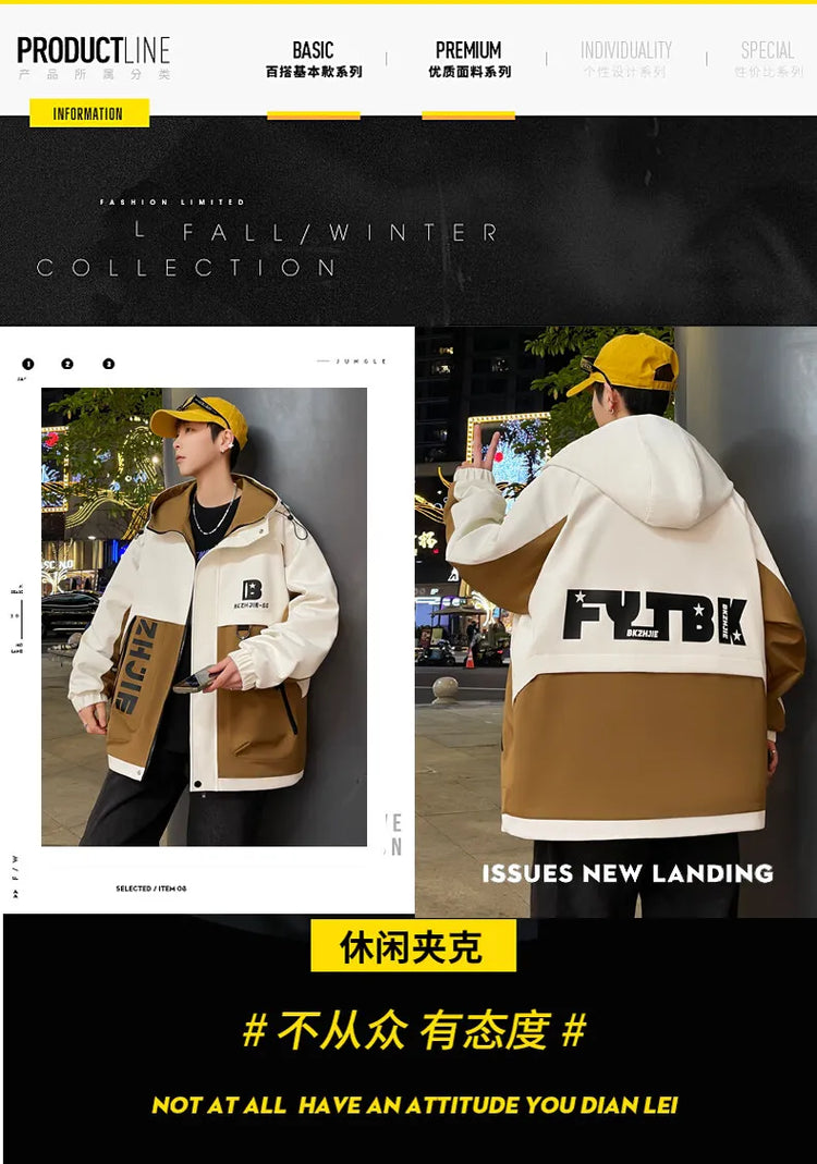 Fashion 2026 Spring Autumn Men's Hooded Casual Jacket Outdoor Windproof Loose Technical Coat Youth Streetwear Top Parka Clothing