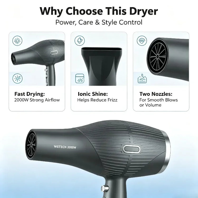 WETECH Professional 2000W Negative Ionic Hair Dryer AC Motor Salon Hairdryer Adjustable Temperature Fast Drying Blow Dryer with Styling Nozzles