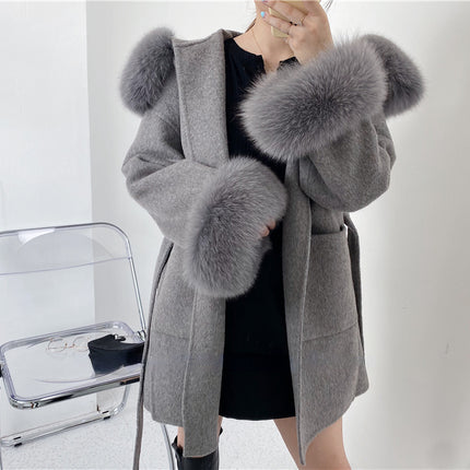 2024 New Oversize Ladies Outerwear Real Fur Coat Winter Jacket Women Natural Fox Fur Collar Cuffs Hood Cashmere Wool Woolen