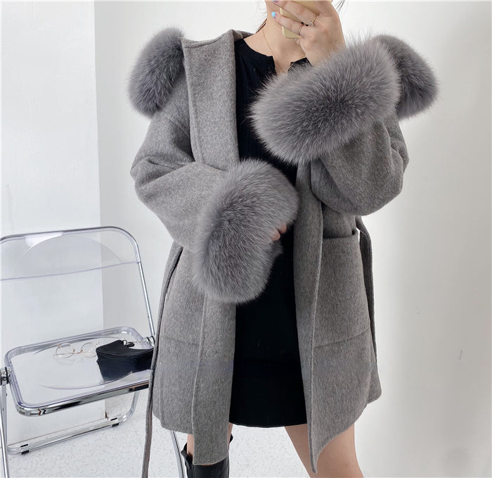 2024 New Oversize Ladies Outerwear Real Fur Coat Winter Jacket Women Natural Fox Fur Collar Cuffs Hood Cashmere Wool Woolen