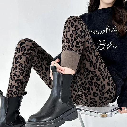 Y2K Leopard Foot Pants Women Autumn Winter Fashion Comfort Warm Plus Fleece Leggings Female High Waist Seamless Tight Leggings