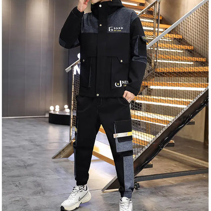 Men's Casual Sports Sets Spring Autumn Tracksuit Jogging Set Patchwork flight Hooded jacket pants two Piece