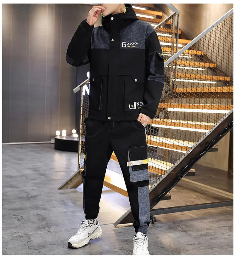 Men's Casual Sports Sets Spring Autumn Tracksuit Jogging Set Patchwork flight Hooded jacket pants two Piece