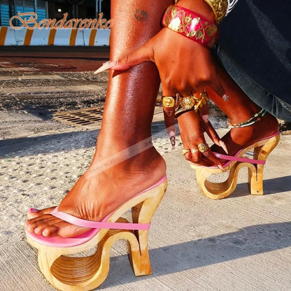 Strange Style High Heels Sandals Straps Slip On Hollow Sexy Ladies Sandals Summer Shoes Designer Party Casual Open Toe Fashion