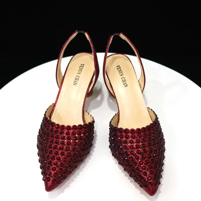 Venus Chan Pointed Toe Heels for Women 2023 Elegant Party Wine Color Full Diamond Pumps Italian Shoes and Bags Matching Set PlatiNum