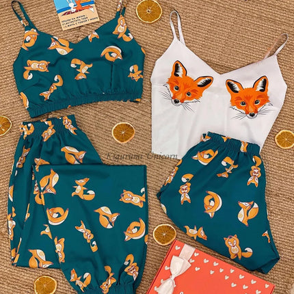 Set da 4 pezzi pigiameria da donna in raso di seta pigiama Set estivo con scollo a v cinturino da notte pigiama Homewear Fox Animal Flower Print Clothes